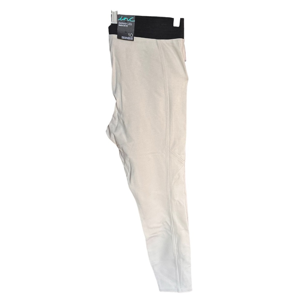 NWT INC Macys Beige Pull-On Leggings Black Waistband stretch office casual - Picture 2 of 6
